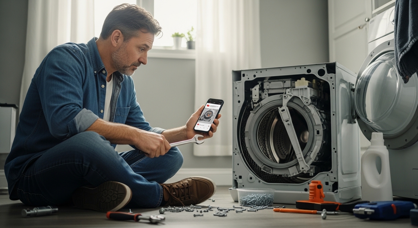 Frustrated homeowner dealing with a failed DIY appliance repair