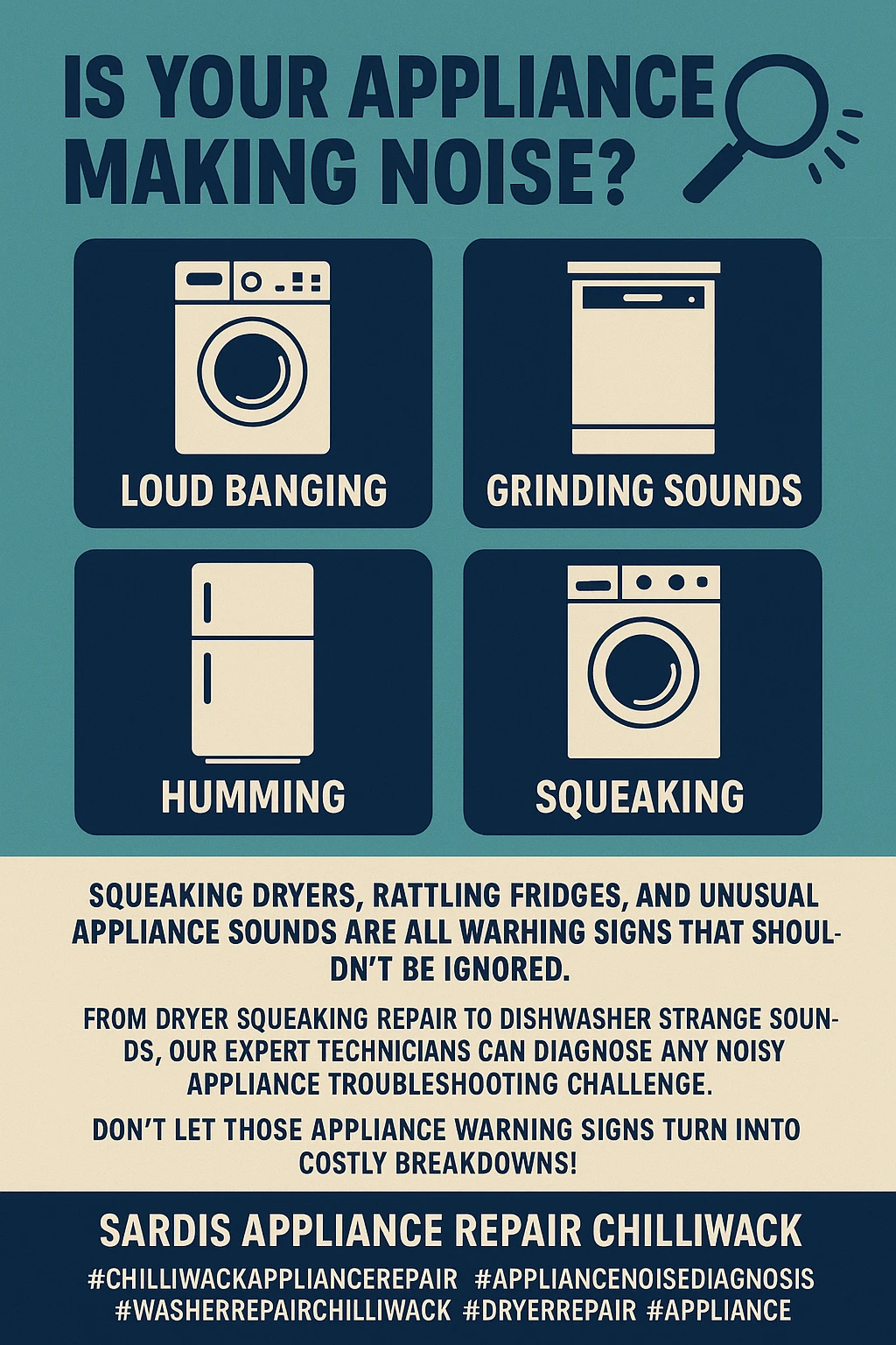 Infographic showing key takeaways for appliance noise diagnosis in Chilliwack