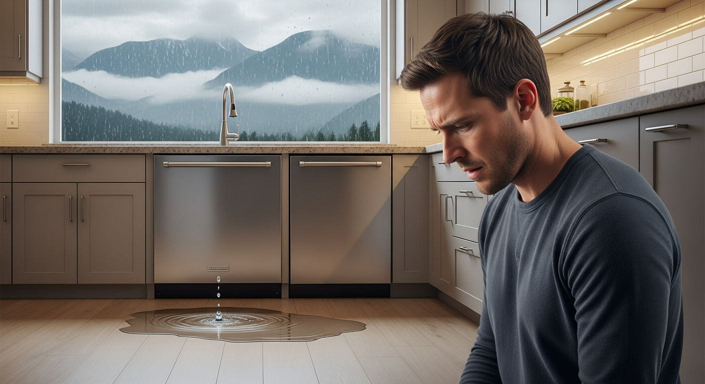 Broken dishwasher leaking on kitchen floor in Chilliwack