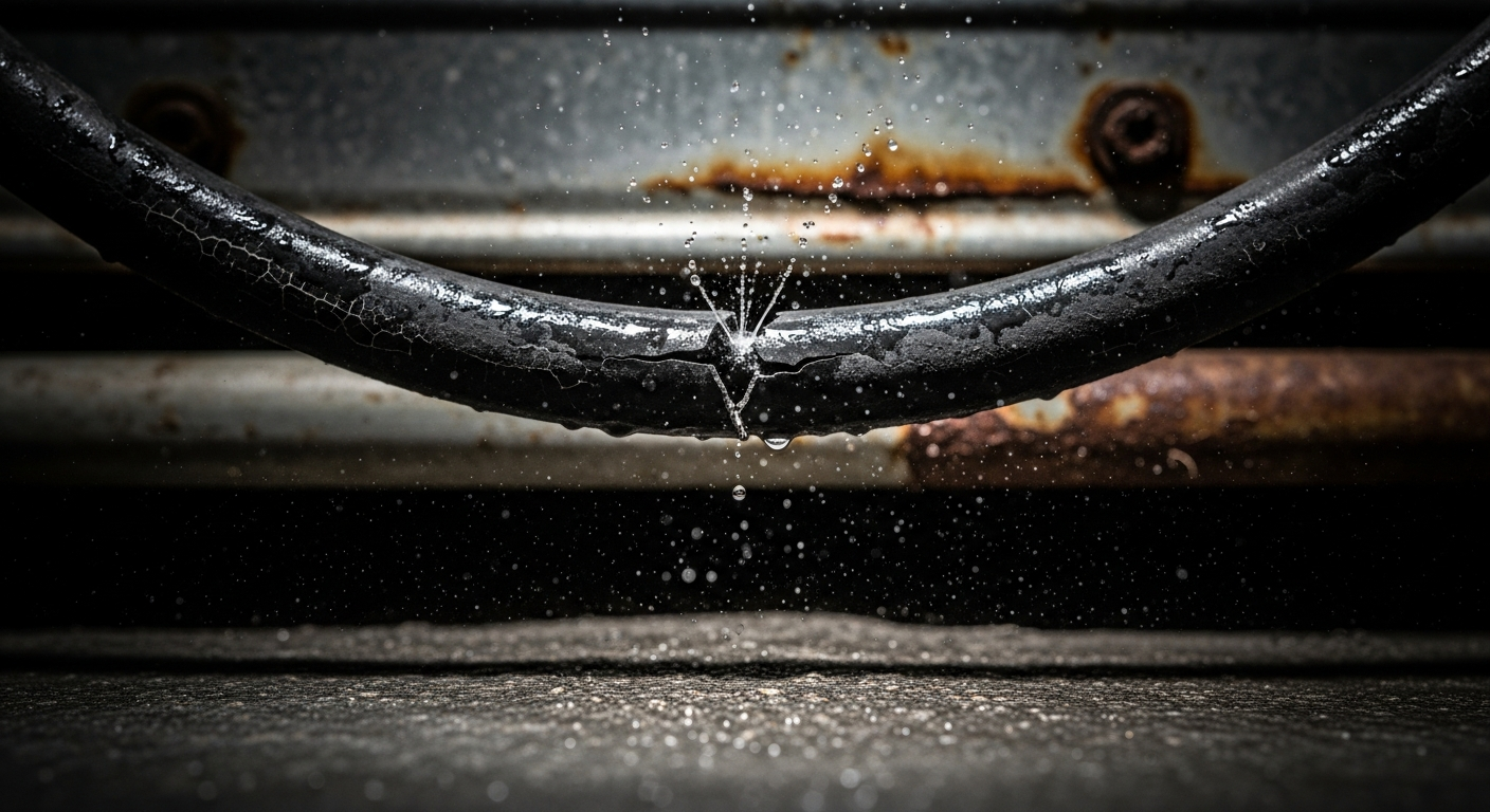 Cracked washing machine hose indicating need for leak prevention
