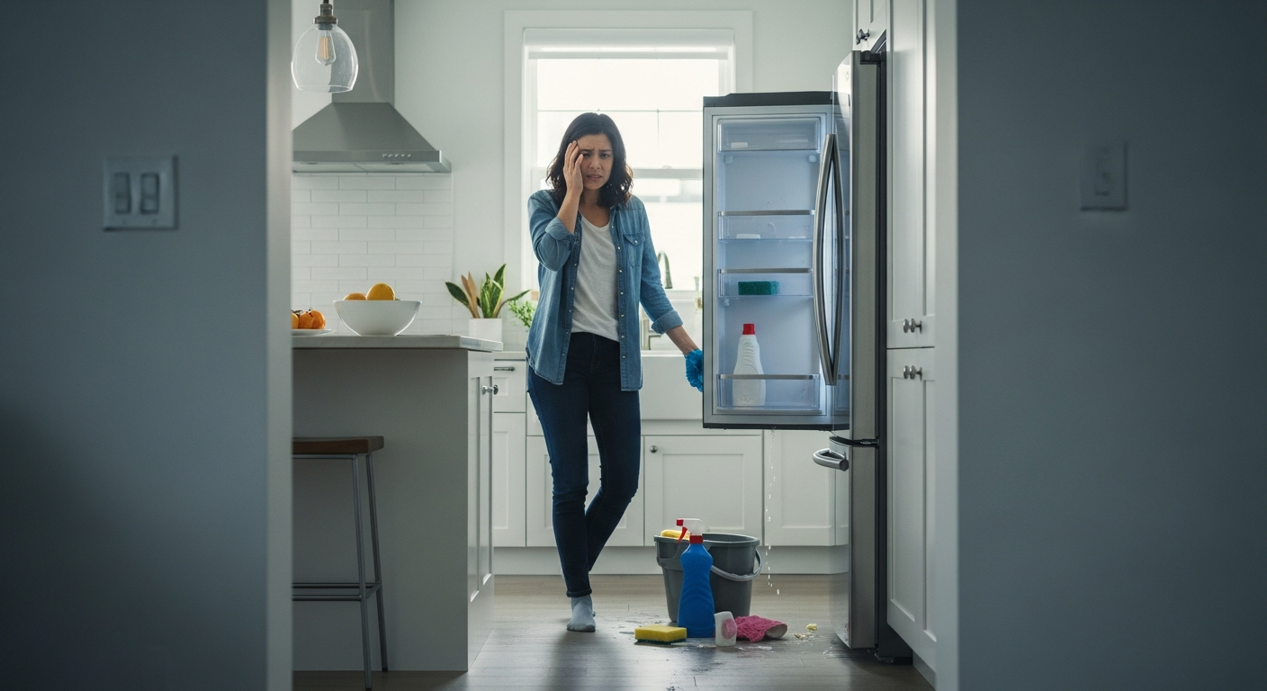 Frustrated homeowner making appliance cleaning mistakes