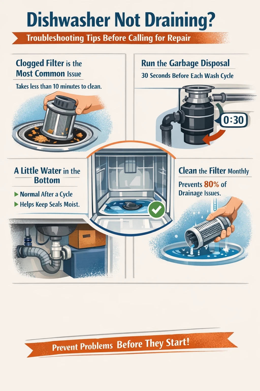 Dishwasher not draining key takeaways infographic