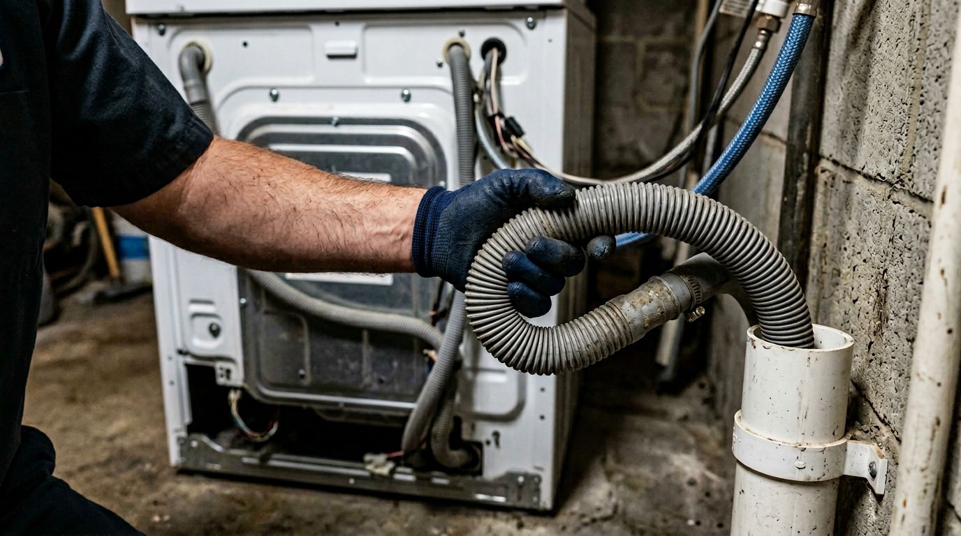 Inspecting washer drain hose for kinks